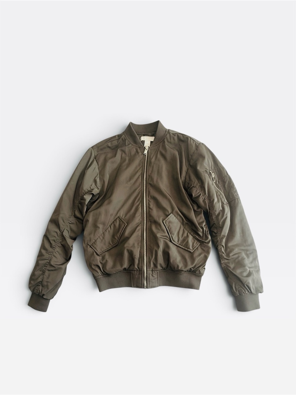 HM Womens Khaki Green Bomber Jacket Size 2 US Small Padded Full Zip Flight Coat